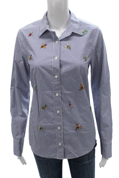 J Crew Women Striped Cotton Collared Button-Up Top Long Sleeve Blue Size 4