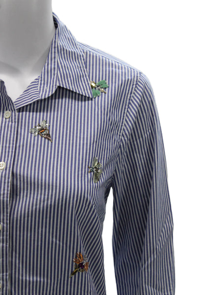 J Crew Women Striped Cotton Collared Button-Up Top Long Sleeve Blue Size 4