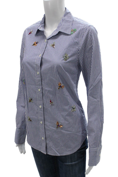 J Crew Women Striped Cotton Collared Button-Up Top Long Sleeve Blue Size 4