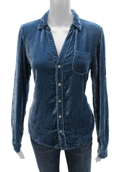 CP Shades Women Blue Viscose Collared Long Sleeve Basic Button-Up Size S