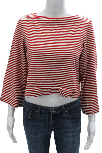 Zara Womens Cropped Striped Cotton Boat Neck 3/4 Sleeve T-Shirt Size XS