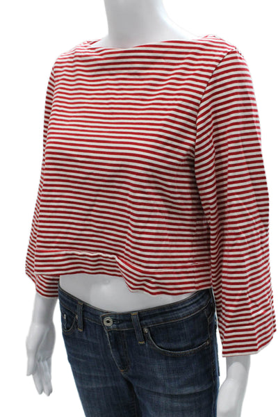 Zara Womens Cropped Striped Cotton Boat Neck 3/4 Sleeve T-Shirt Size XS