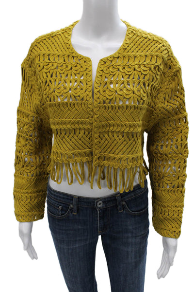 Zara Women Cardigan Yellow Cotton Geometric Round Neck Long Sleeve Size S