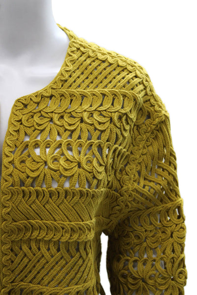 Zara Women Cardigan Yellow Cotton Geometric Round Neck Long Sleeve Size S