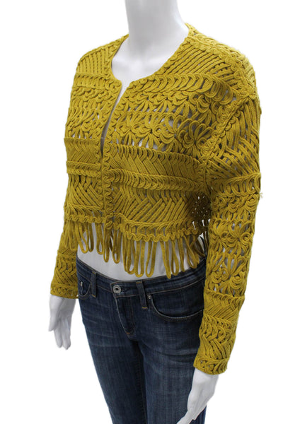 Zara Women Cardigan Yellow Cotton Geometric Round Neck Long Sleeve Size S
