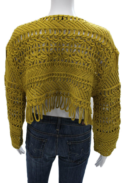 Zara Women Cardigan Yellow Cotton Geometric Round Neck Long Sleeve Size S