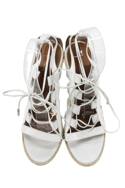 Aquazzura Womens Leather Espadrille Wedge Sandals White Size 38 8