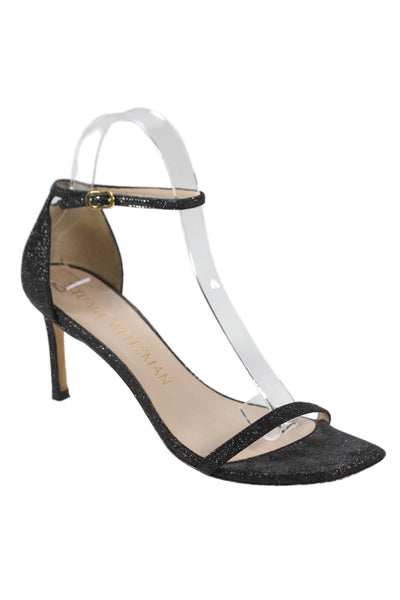 Stuart Weitzman Womens Ankle Strap Sandal Heels Black Metallic Size 7.5