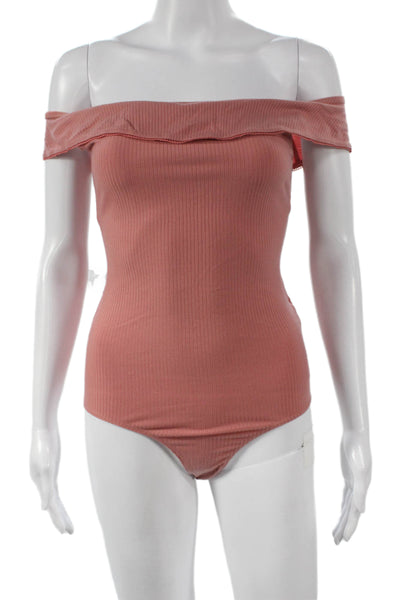 Reformation Women Basic Pink Off Shoulder Tencel Short Sleeve Bodysuit Size S