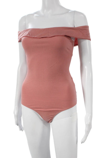 Reformation Women Basic Pink Off Shoulder Tencel Short Sleeve Bodysuit Size S