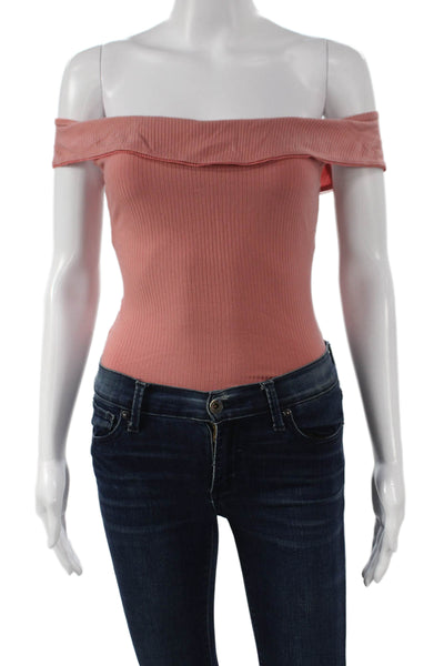 Reformation Women Basic Pink Off Shoulder Tencel Short Sleeve Bodysuit Size S