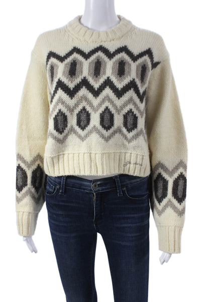 Ganni Womens Pullover Sweater Ivory Wool Crewneck Geometric Long Sleeve Size XS