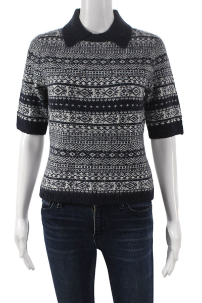 Central Park West Women Pullover Sweater Fair Isle Collared Blue Size S
