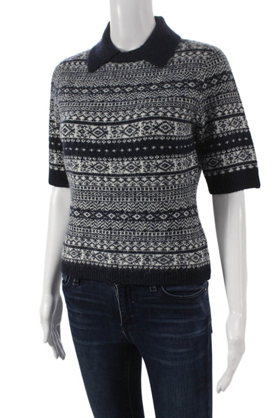 Central Park West Women Pullover Sweater Fair Isle Collared Blue Size S