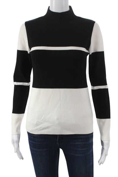 Elie Tahari Womens Striped Viscose Mock Neck Sweater Black Long Sleeve Size S