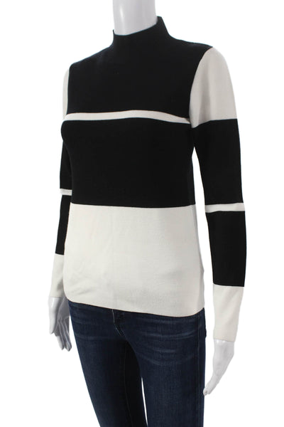 Elie Tahari Womens Striped Viscose Mock Neck Sweater Black Long Sleeve Size S