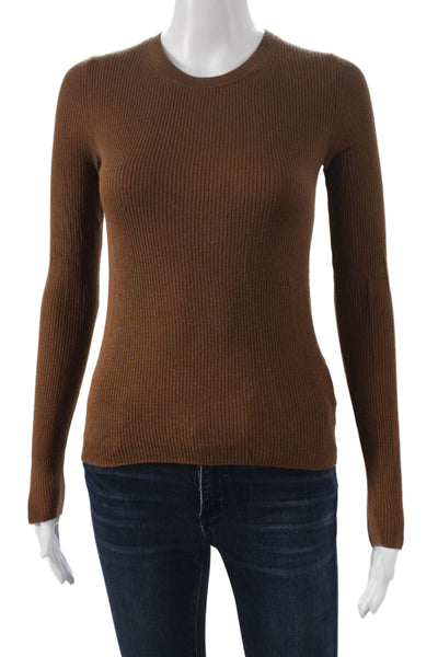 Enza Costa Womens Brown Viscose Basic Long Sleeve Crew Neck T-Shirt Size XS