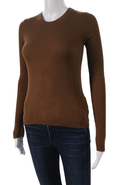 Enza Costa Womens Brown Viscose Basic Long Sleeve Crew Neck T-Shirt Size XS