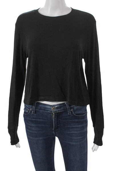 LNA Womens Cropped T-Shirt Black Rayon Crew Neck Long Sleeve Size M