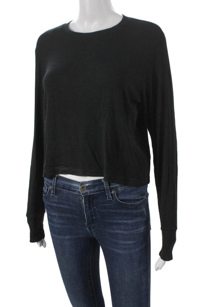 LNA Womens Cropped T-Shirt Black Rayon Crew Neck Long Sleeve Size M
