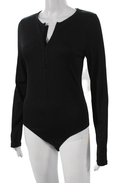 Rag & Bone Womens Long Sleeve V Neck Bodysuit Black Polyester Size L