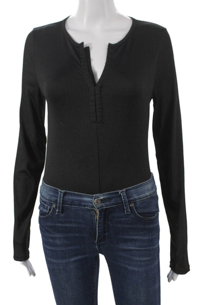 Rag & Bone Womens Long Sleeve V Neck Bodysuit Black Polyester Size L
