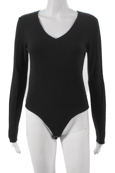 Notshy Womens One Piece Wool V-Neck Long Sleeve Bodysuit Black Size M