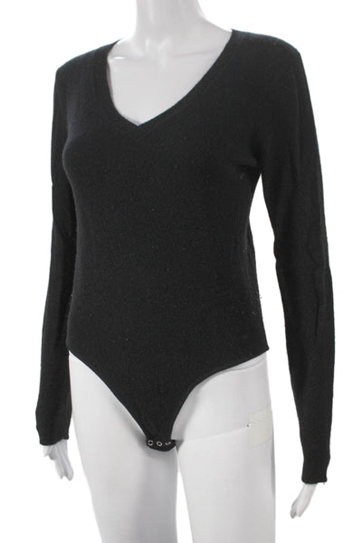 Notshy Womens One Piece Wool V-Neck Long Sleeve Bodysuit Black Size M