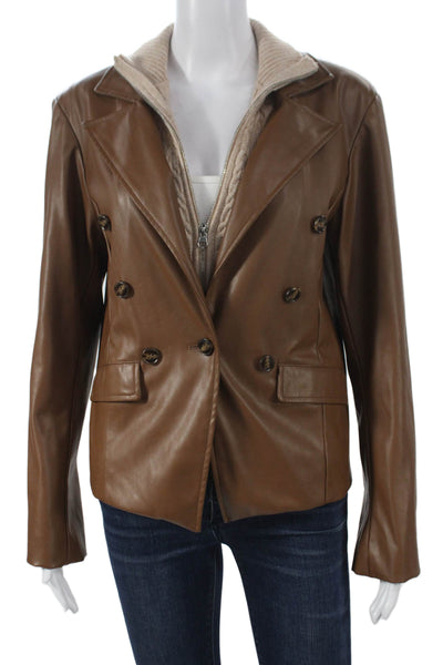 Generation Love Womens Basic Blazer Brown PU Button Long Sleeve Size M