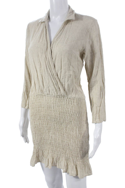 Zara Women Wrap Dress Cotton Collared 3/4 Sleeve Short Beige Size XS
