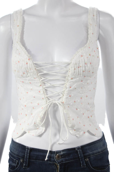 By Dee Women Corset Top White Floral Cotton Lace Up V-Neck Sleeveless Size S