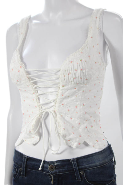 By Dee Women Corset Top White Floral Cotton Lace Up V-Neck Sleeveless Size S