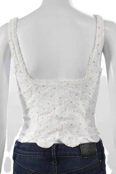 By Dee Women Corset Top White Floral Cotton Lace Up V-Neck Sleeveless Size S