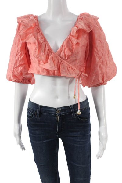 Tularosa Women Cropped Tencel V-Neck 3/4 Sleeve Blouse Pink Size XS