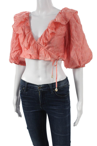 Tularosa Women Cropped Tencel V-Neck 3/4 Sleeve Blouse Pink Size XS