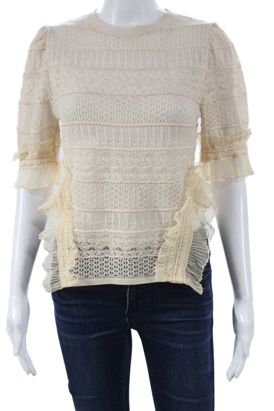 Zara Women Basic Ivory Geometric Crew Neck 3/4 Sleeve Blouse Size M