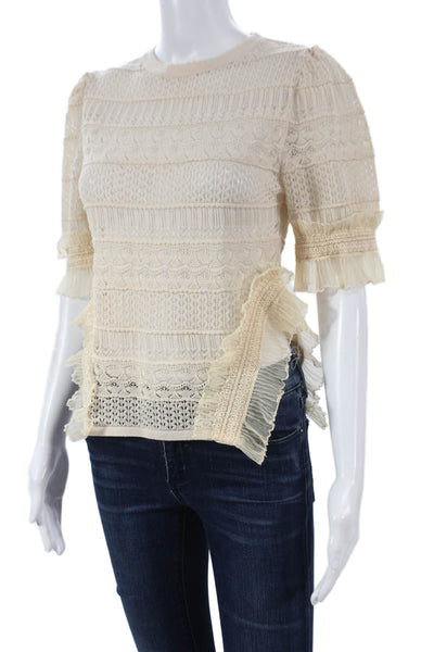 Zara Women Basic Ivory Geometric Crew Neck 3/4 Sleeve Blouse Size M