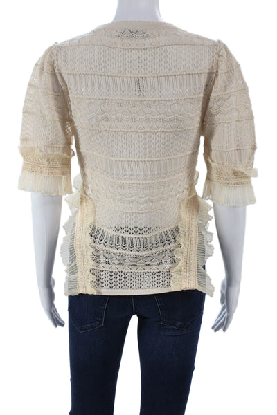 Zara Women Basic Ivory Geometric Crew Neck 3/4 Sleeve Blouse Size M