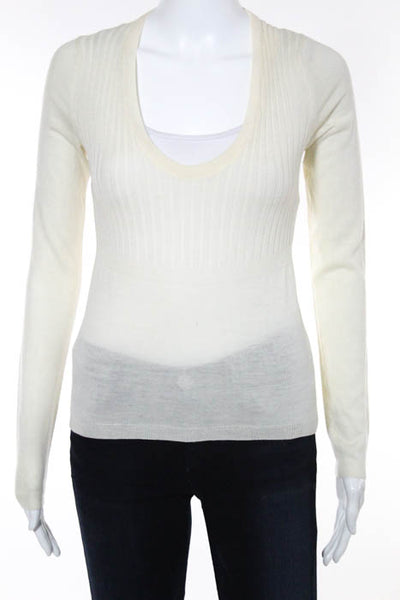 Jil Sander Creme Scoop Neck Ribbed Knit Sweater Size Italian 34