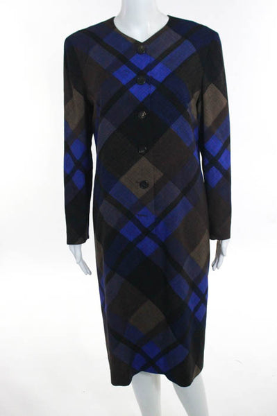 Akris Blue Brown Plaid Pattern Button Front Crew Neck Long Sleeve Dress Size 10