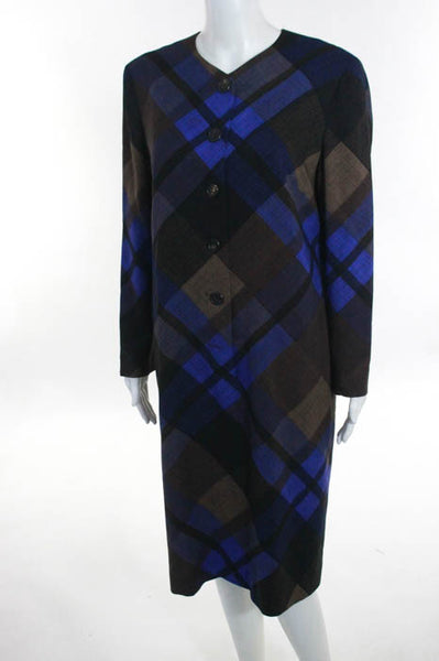 Akris Blue Brown Plaid Pattern Button Front Crew Neck Long Sleeve Dress Size 10
