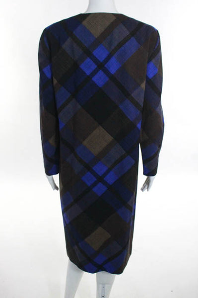 Akris Blue Brown Plaid Pattern Button Front Crew Neck Long Sleeve Dress Size 10
