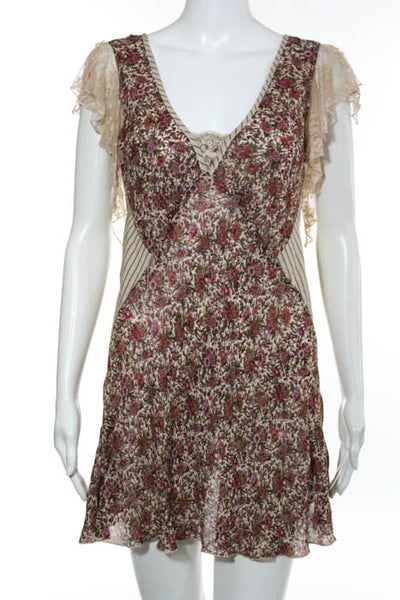 Ann Ferriday Beige Pink Floral Print Lace Trim Short Sleeve Dress Size 2 New
