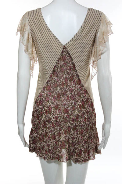 Ann Ferriday Beige Pink Floral Print Lace Trim Short Sleeve Dress Size 2 New