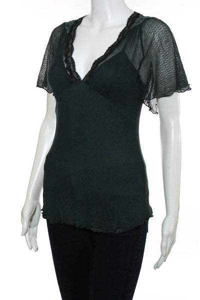 Ann Ferriday Green Stretch Knit Short Sleeve Blouse Top Size Medium New