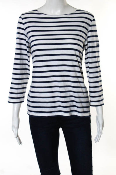Saint James White Navy Striped Cotton Boatneck 3/4Sleeve Knit Top Size 8