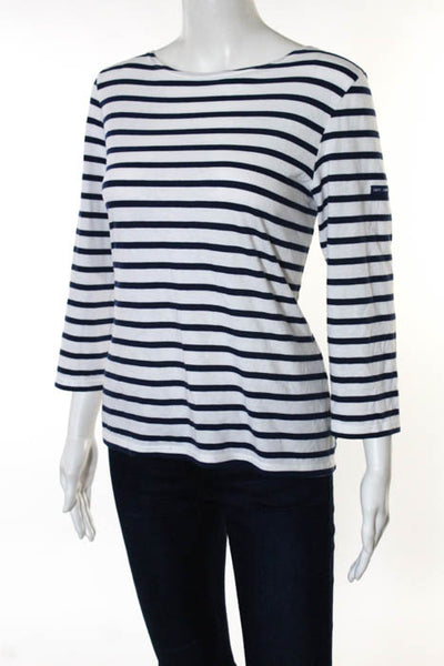 Saint James White Navy Striped Cotton Boatneck 3/4Sleeve Knit Top Size 8