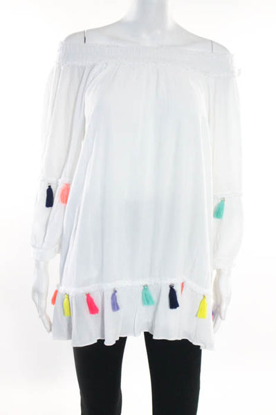Misa White Cotton Pleated Tassel Detail Scoop Neck Blouse Top Size Medium