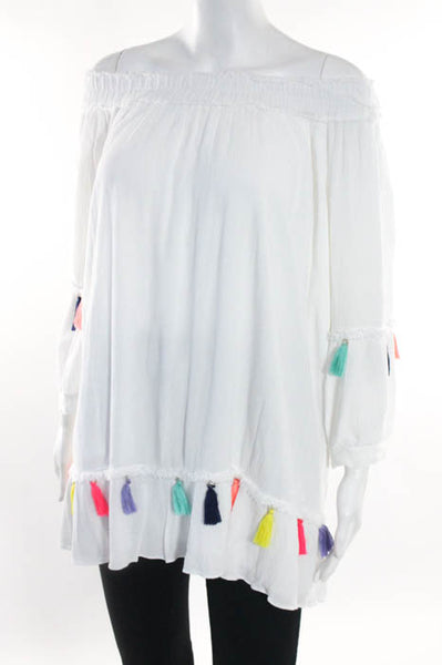 Misa White Cotton Pleated Tassel Detail Scoop Neck Blouse Top Size Medium