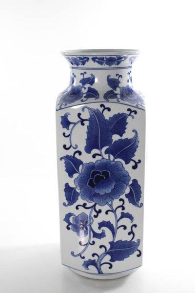 Designer Blue White Ceramic Floral Print Rectangular Vase